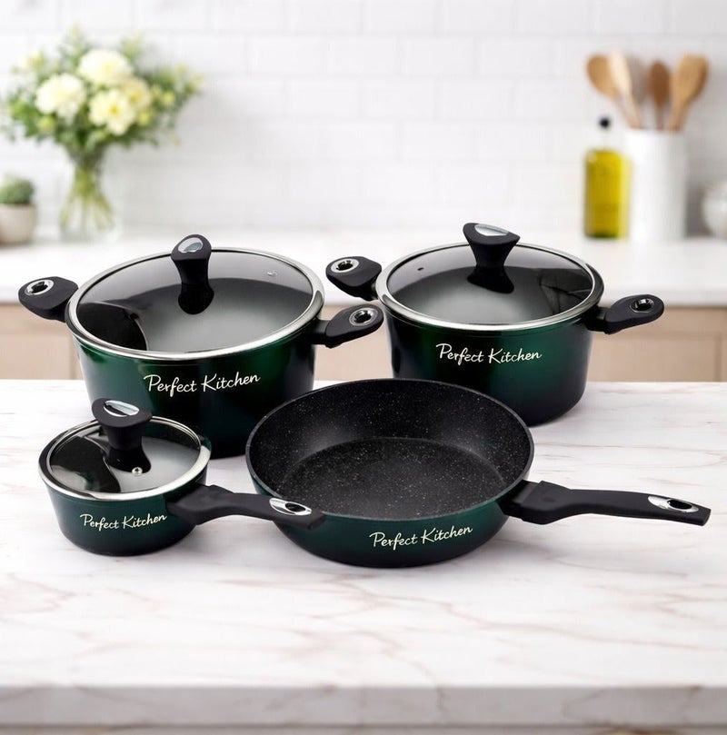 بيرفكت كيتشن طقم قدور أواني للطهي مصبوبة مطلية طبيًا مكون من 7 قطع باللون الأخضرتتكون من طاجن 16 سم, طاجن 24 سم, مقلاة 28 سم, طاجن 28 سم و3 أغطية - Image 2